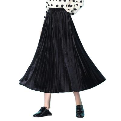 China Wholesale Custom Anti-static Velvet Mid Length Elegant Casual Plain Pleated Half Skirt Black Women for sale