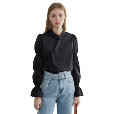 China Autumn Winter Women's Single Breasted Single Breasted Stand Collar Shirts Vintage Work Office Work Office Anti-Pilling Large Lantern Sleeve Solid Collar Shirts for sale