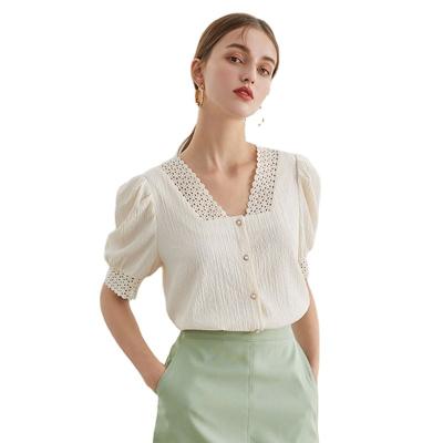 China Anti-pilling plus size women's blouses 2023 summer new V-neck elegant embroidery lace up temperament loose upper commuter short sleeve women's shirt for sale