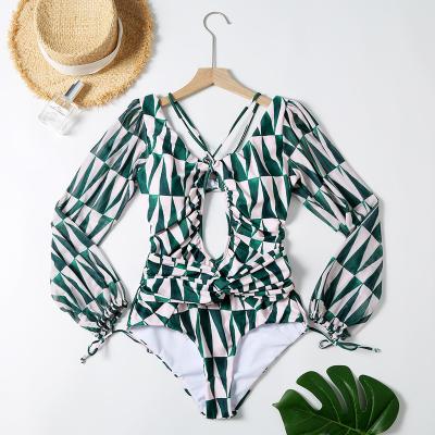 China 2021hot sale plus size sexy gathering print print sleeve women swimsuit long bikini one piece swimsuit for sale