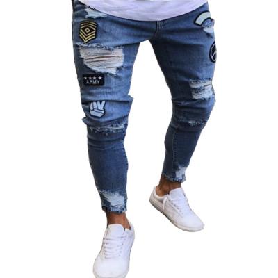 China New Italy Style Breathable Mens Distressed Destroyed Badge Pants Slim Denim Jean Men Jeans Pants Art Patches Skinny Biker White for sale