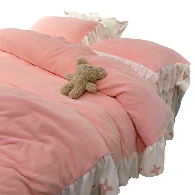 China Direct Sales#white Sheet Cover Bedding Set Pink Color Pink Color Size King #Factory Nondisposable For Girls for sale