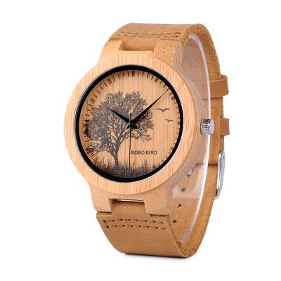 China Factory Non-Specific Wholesale Engrave Bamboo Wood Watch Custom Logo With Genuine Leather for sale