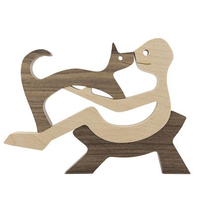 China Europe KINGNOW Family Puppy Craft Wooden Figurine Table Ornament Desktop Wood Carving Model Home Office Decoration for sale