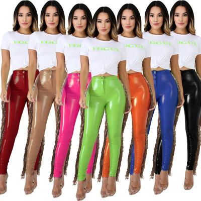 China OUDINA Anti-wrinkle Women's Fashion Pants With Tassels Stretch PU Leather Tight Sequin Fringed Trousers For Ladies for sale