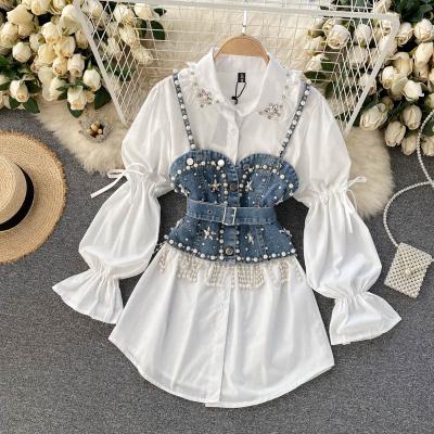 China Anti-pilling OUDINA Diamond Tassel Pearl Denim Vest and Tops Puff Sleeve Fashionable Two-Piece Set Women Blouse Shirts and Shirts for sale