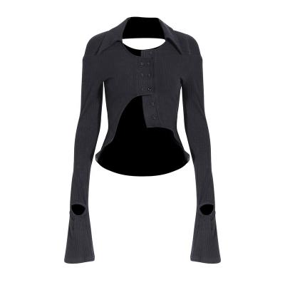 China OUDINA anti-pilling in the knitted tops of the new stocking asymmetrical button casual women's long sleeve knit crop top for sale