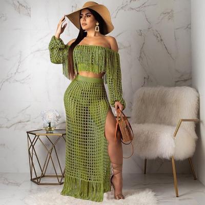 China OUDINA QUICK DRY Hot Selling Hot Selling Casual Tassel Long Sleeve Tops Women 2 Piece Sets Mesh Fringe Beach Skirt Two Piece Set for sale