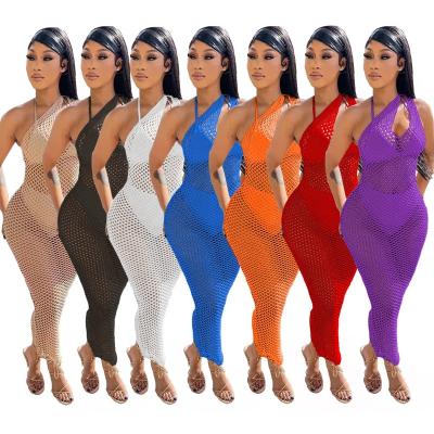 China OUDINA New Anti-Static Long Beach Tourism Solid Color Sexy Sleeveless See Through Dresses Bodycon Mesh Dress for sale