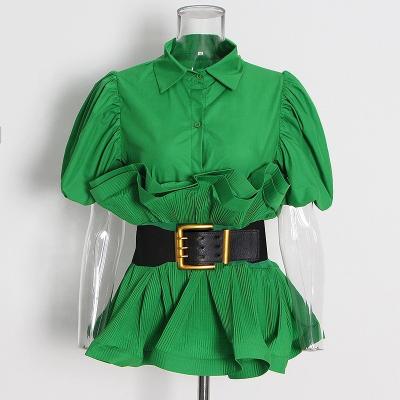 China Anti-pilling OUDINA Elegant Leisure Blouse Shirts For Women Lady Olive Green With Belt Elegant Short Ruffle Sleeve Blouses Shirt for sale