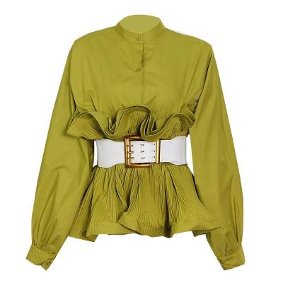 China OUDINA newcomer anti-pilling fashion shirt for ladies solid color casual belt ruffled long sleeve women shirts blouse for sale