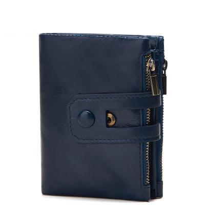 China Mens Vintage Style Designer Cowhide Zipper RFID Leather Purse Anti Theft Double Blocking Card Holder Men's Slim Wallet for sale