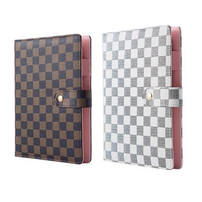 China Luxury White Refillable PU Brown Leather 6 Ring Binder Checkered Notebooks Case Cover A5 A6 Planner Checkboard Loose Leaf China Hardcover Book for sale