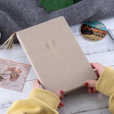 China Hardcover Apricot Leather Gold Planner Folio A5 Tied Notebooks Trimmed Artistic Tassels for sale