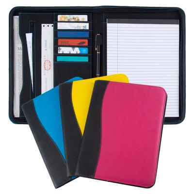 China PU Zipper A4 Document File Folder Waterproof Contrast Colored Leather Folder for sale