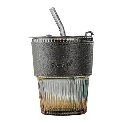 China Sustainable Hot Selling Coffee Straw Water Mug Bamboo Vertical Lined Glass Cup Portable Mug With Lid for sale