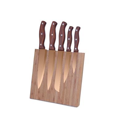 China Good Quality Disposable Titanium Coating Stainless Steel Blade 5pcs Kitchen Knife Set Carbonized Wood Handle for sale