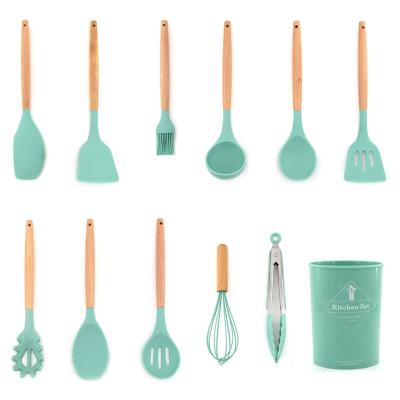 China Sustainable Green 12 Pcs Non-stick Silicone Kitchen Utensils Set With Wooden Handle Kitchen Cooking Tools for sale