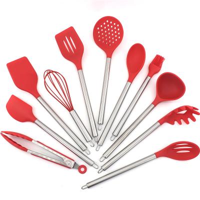 China Viable Red Silicone 12pcs Nonstick Kitchen Utensils Set With Stainless Steel Handle Kitchen Cooking Tools for sale