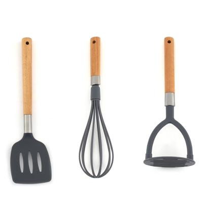 China New Sustainable 3-Piece Beech Wood Kitchen Utensil Set Spoon Potato Press Kitchenware Nylon Cooking Accessories for sale