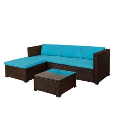 China Modern Outdoor Rattan Patio Wicker Sectional Furniture 5 PC Set with Blue Seat and Back Cushions, Tempered Glass Table Top for sale