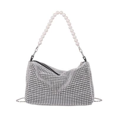 China PU Fashion Woman Bags Diamonds Rhinestone Shoulder Bag Full Pearl Long Strap Shoulder Bag For Girls for sale