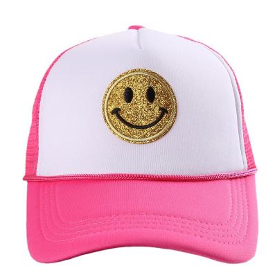 China 5 Panel COMMON Trucker Hats With Rope Custom Mesh Trucker Hat Embroidery Smile Logo Patch for sale