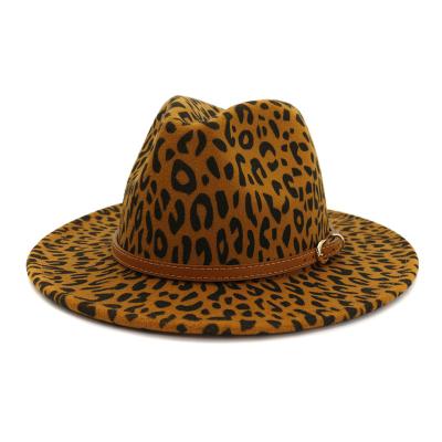 China European And American Style Wide Brim Felt Fedora Hats With Belt Accessories Leopard Print Mens Fedora Hats 2022 Wide Brim Fedora Hats For Women for sale