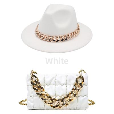 China Character Wide Brim Felt Fedora Hats Women Felt With Chain Hat And Bag Set for sale