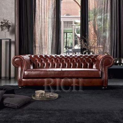 China Modular Spanish Hotel Leather Sofa For Sale Chesterfield 3 Seater Royal Brown Executive Living Room Sofa PU Leather Couch for sale