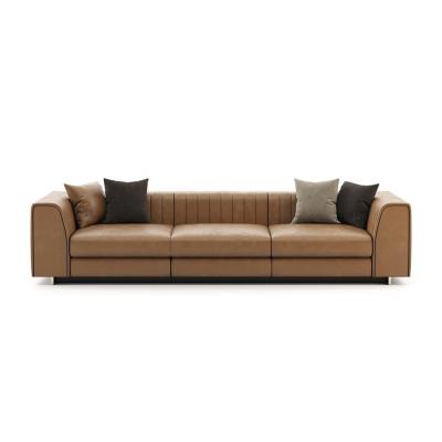 China Channel Tufted Luxury Italy Style Tan Brown Leather 3 Seater Sofa With Stainless Steel Legs Living Room Furniture Couch Set for sale