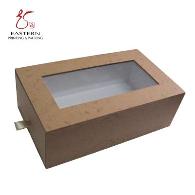 China Good Quality Handmade Art Paper Made Drawer Shape Wine Packaging Box Custom Cardboard Drawer Gift Paper Packaging Box With PVC Window for sale