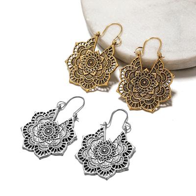 China CLASSIC Trendy Gold Silver Ethnographic Metal Fashion Hollow Flowers Charm Vintage Circle Earrings For Woman Jewelry for sale