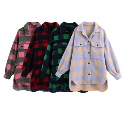 China Overshirts Breathable Oversized Plaid Women Jacket Coat Woolen Vintage Pocket Asymmetrical Chic Tops for sale