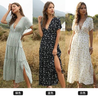 China 2021 new European and American Amazon women's Lotus leaf anti-static floral border Bohemian short-sleeved dresses for sale