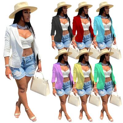 China 2021 New Arrival Breathable Women Pocket Jacket Summer Ladies Long Sleeve Solid Button Blazer for sale