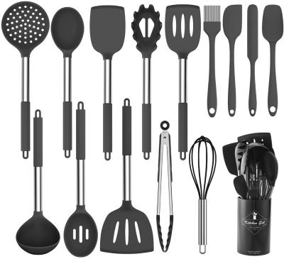 China Sustainable Kitchen Accessories Set 15pcs 17pcs Utensils Silicone Cookware Set With Stainless Steel Handle for sale