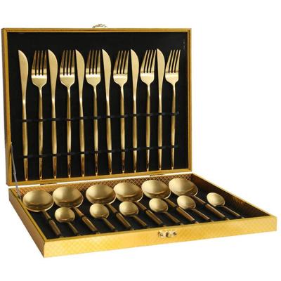 China Sustainable Silverware 24pcs Portugal Black Gold Plated Stainless Steel Flatware Cutlery Set For Wedding for sale