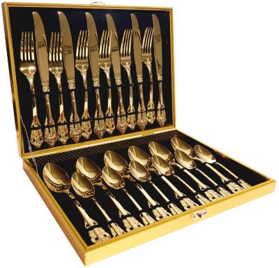 China Sustainable Wholesale Luxury Gold Flatware Set Stainless Steel Cutlery 24pcs Set With Wooden Case for sale