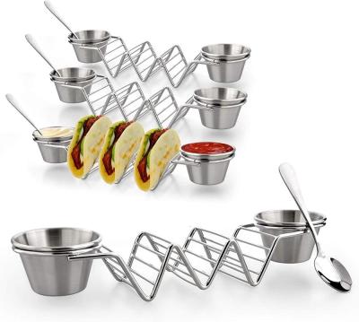 China Premium Sustainable Stainless Steel Shell Stand Up Taco Holders And Sauce Cup Set for sale