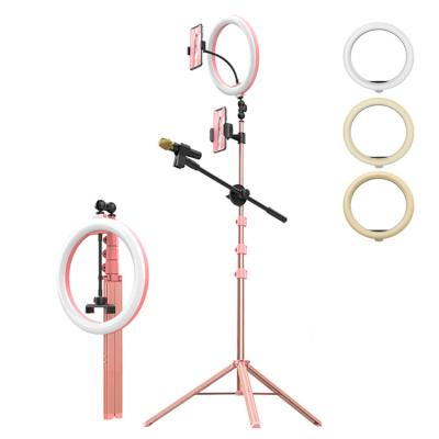 China WONEW photography 10 inch pink led selfie ring light tripod tik tok stand with microphone stand makeup video photographic lighting light for sale