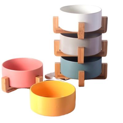 China Sustainable Manufacturer Customize Non Slip Bamboo Wooden Stand Ceramic Dog Bowl for sale