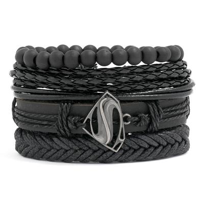 China TZB018 Super Hero Theme Men's Fast Delivery Bracelet TZB018 Black Faux Beads Superman Leather Bracelets for sale