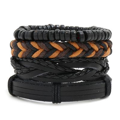 China Quick Delivery TZB017 Adjustable PU 4pcs Leather Wood Bead Spotify Stacking Chinese Wristband for sale