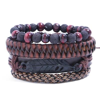 China Fast Delivery TZB016 4 Piece Vintage Set Beaded Lava Rock Feather Mens Leather Bracelets for sale