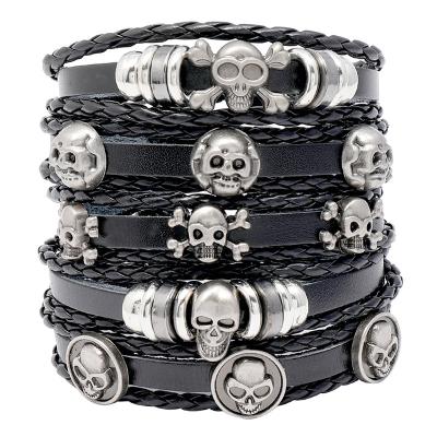 China Wholesale Fast Delivery TZB188 5 Pieces Black Punk Stacking Mens Leather Bracelets With Skulls for sale