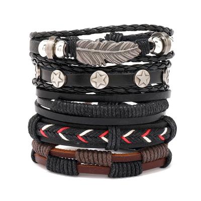 China TZB190 Fast Delivery Vintage 5 Piece Set Handmade Adjustable Feather Charm Men Braided Wrap Hand Bracelets and Bangles Male Gift for sale