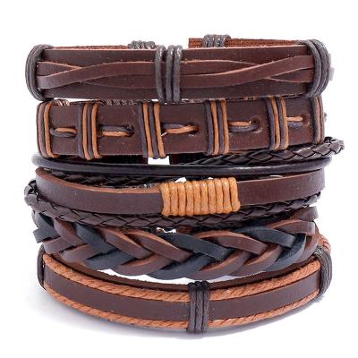 China Quick Delivery TZB192 Vintage Brown PU Leather 5 Pieces Charm Wrap Bracelet Set For Men for sale