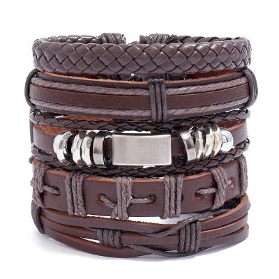 China Quick Delivery TZB195 5 Pieces Vintage Jewelry Set Mens PU Wrap Leather Bracelet for sale