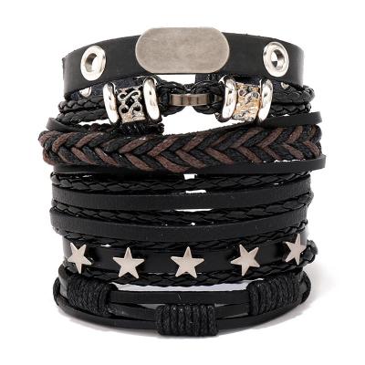 China New TZB200 Fast Delivery Charm Jewelry Star Black Adjustable Cuff Braided Leather Bracelet Set For Women Men for sale